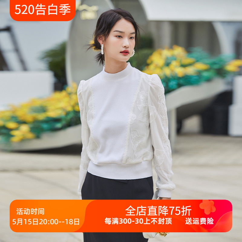 杨门长袖套头卫衣女蕾丝衫2024春装新款白色长袖束口T恤上衣中领