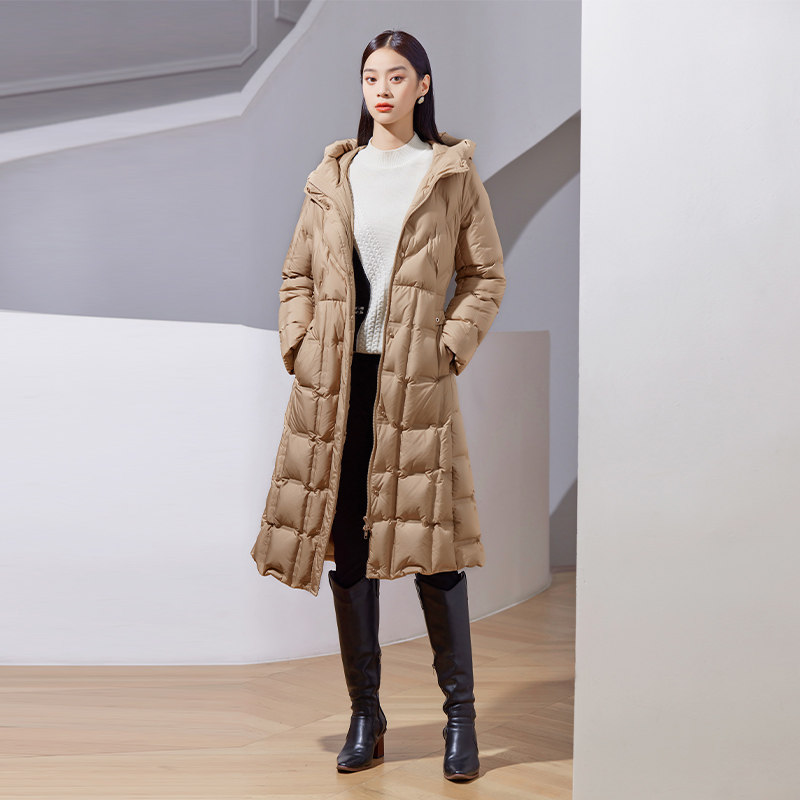 杨门2025冬季新款过膝羽绒服女显瘦纯色女长款羽绒服女卡其色外套