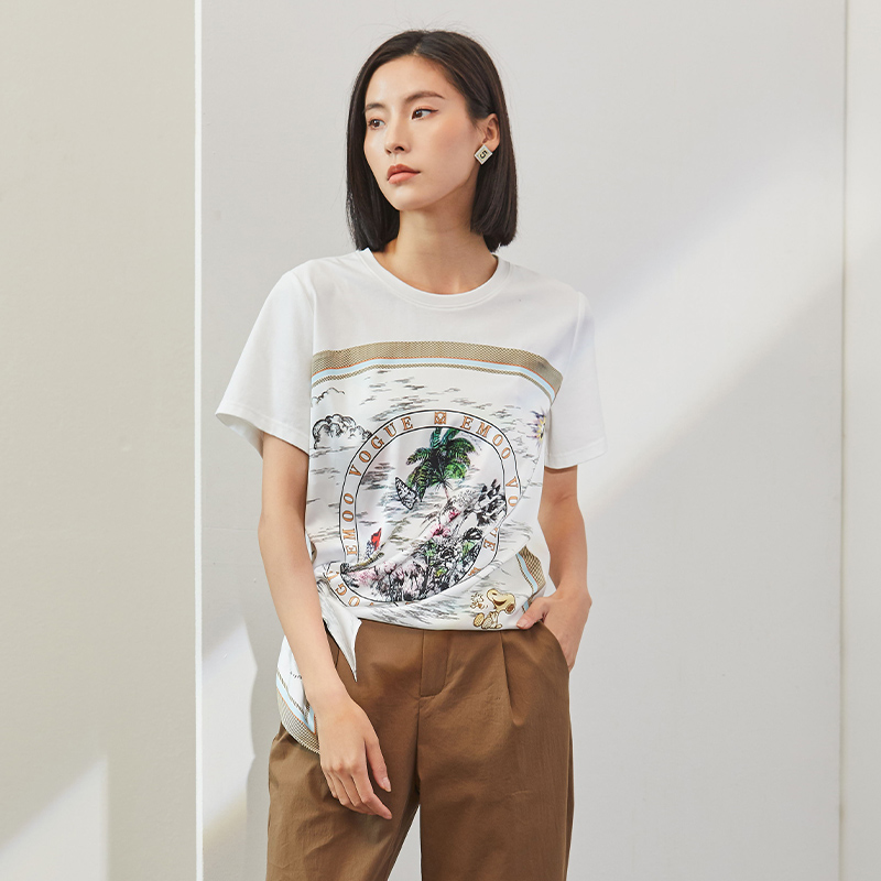 杨门2025夏季新款时尚短袖T恤女宽松显瘦百搭裙子圆领T恤雪纺衫