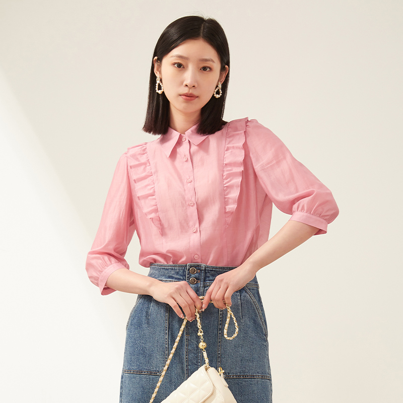 2025秋季新款时尚衬衫女宽松显瘦百搭长袖衬衫女粉色衬衫女