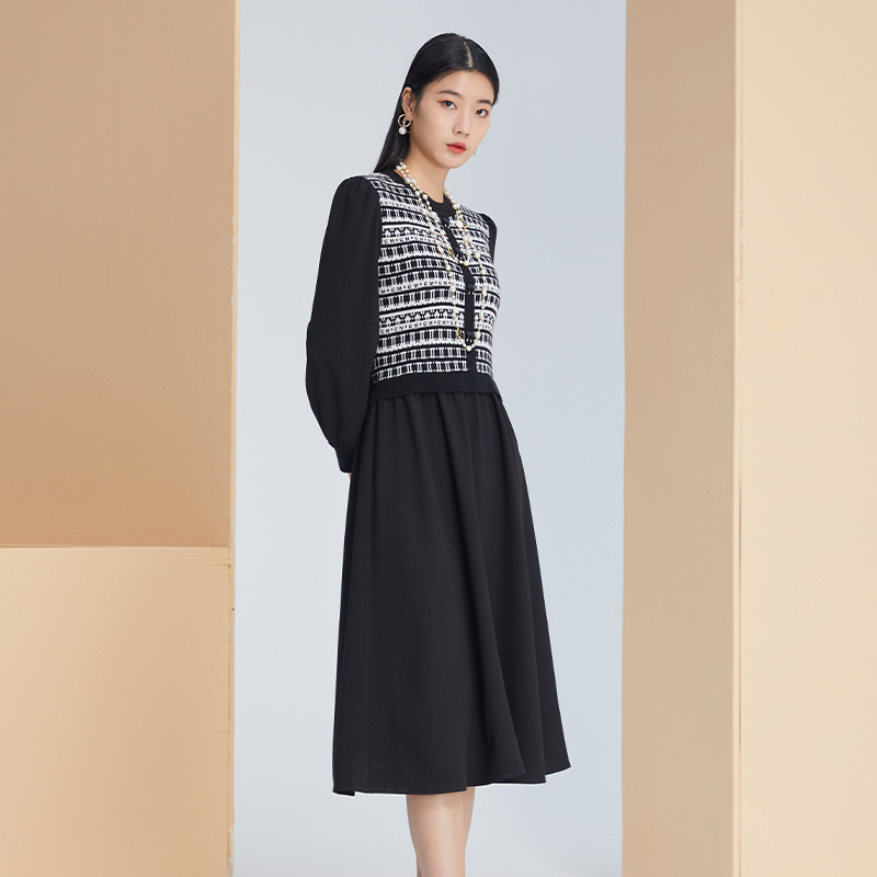 长袖连衣裙拼接通勤高腰裙