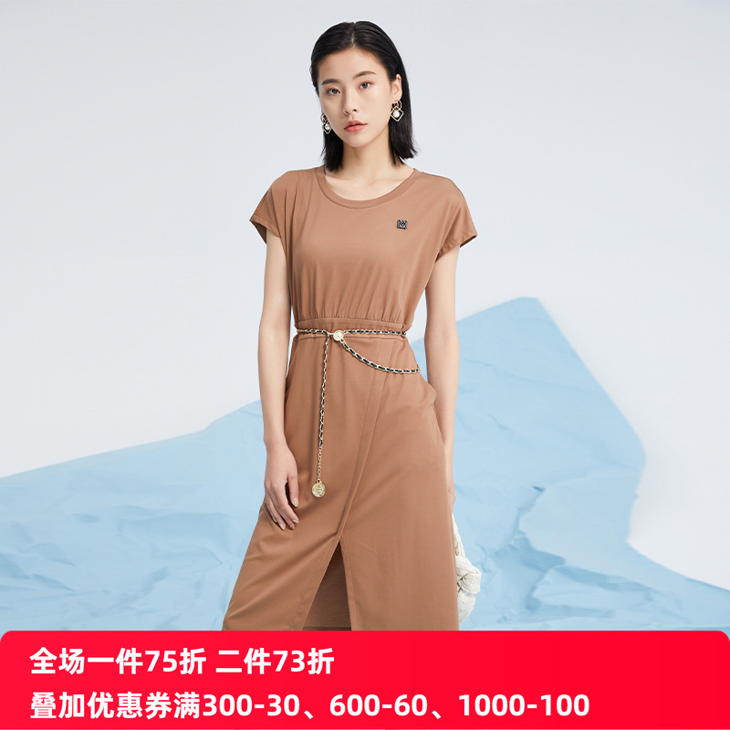 2024夏季纯色圆领束腰中长款
