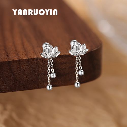 999足银耳钉女纯银莲花流苏精致甜美花朵可爱通勤百搭荷花养耳洞