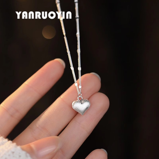 纯银项链女爱心拉丝质感吊坠精致小巧锁骨链磨砂气质百搭小众素款