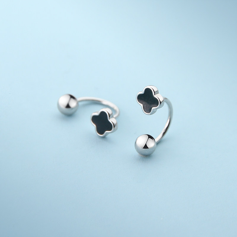 纯银四叶草螺丝耳钉简约小巧弯钩