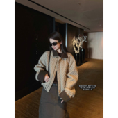 LIL 龟背感灯芯绒拼接格子棉服外套女 老钱风弯刀袖 CHER 黑糖格巧