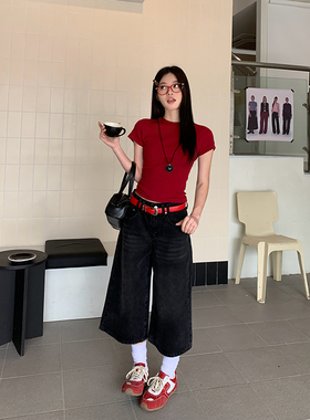 LIL CHER 黑色洗水七分裤牛仔裤春夏新款裤子女宽松休闲阔腿裤