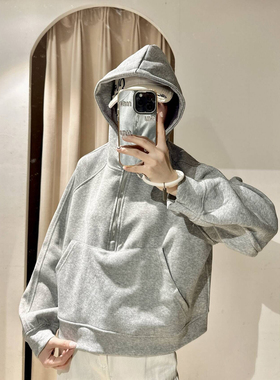 LIL CHER 格雷系半拉链短款卫衣女春秋宽松休闲灰色韩版连帽外套