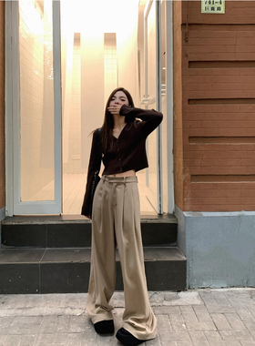 LIL CHER 灰色高腰阔腿西装裤女夏季宽松直筒大长腿休闲拖地裤子