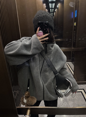 LIL CHER立领夹克外套宽松摇粒绒卫衣灰色慵懒松弛感穿搭加厚保暖