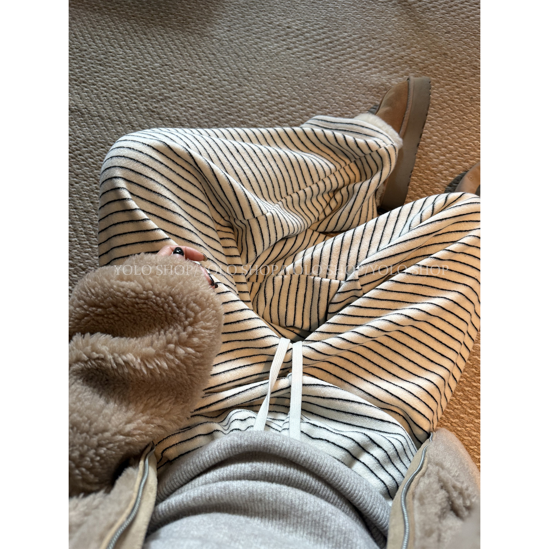 桑蚕丝羊毛休闲裤女冬季条纹裤子