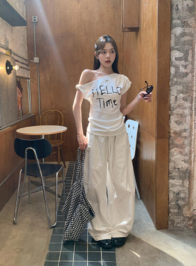 LIL CHER 白色宽松弯刀裤休闲裤女夏季新款直筒裤慵懒松弛长裤子