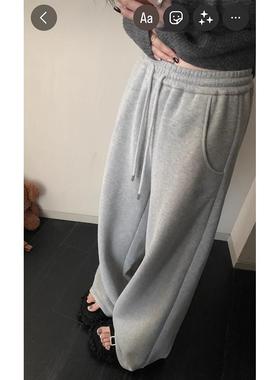 LIL CHER 美式裤wang 复合加绒百搭不挑人松紧腰抽绳灰色卫裤裤子