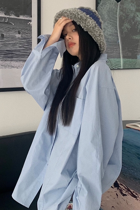 LIL CHER蓝色长袖衬衫女春秋宽松bf慵懒风薄款上衣防晒外套衬衣