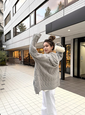 LIL CHER老钱调 羊毛连帽麻花长袖毛衣开衫女装时尚休闲外套上衣