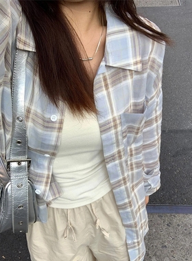 LIL CHER春秋蓝色格子长袖防晒衬衫女设计感薄款宽松休闲开衫外套