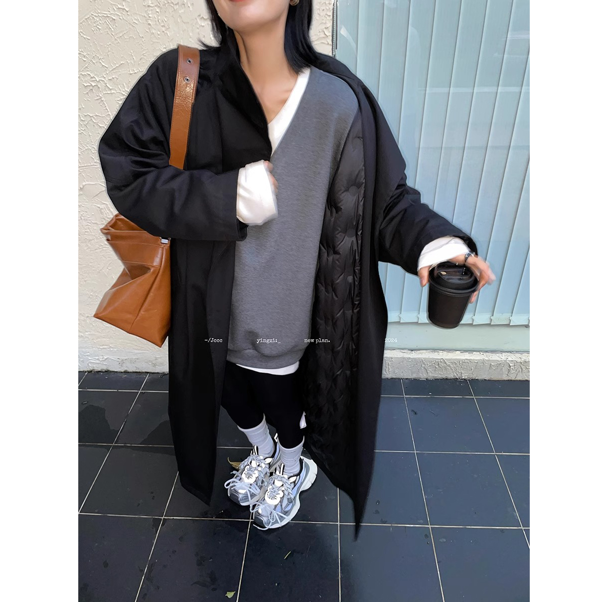 黑色长袖长款风衣羽绒外套羽绒服