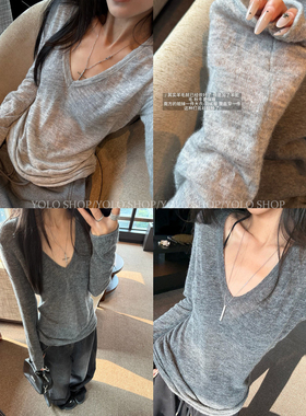 LIL CHER 羊驼毛V领百搭针织修身打底衫上衣长袖毛针织衫秋季新款