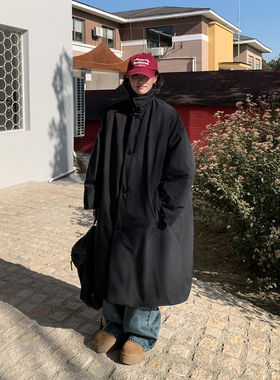 LIL CHER 首尔街头 黑色翻领棉服女秋冬中长款加厚棉衣休闲大衣