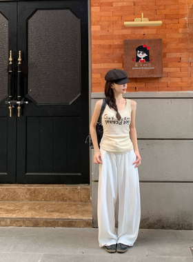 LIL CHER 白色裤子女休闲裤夏薄款直筒阔腿宽松慵懒设计感弯刀裤