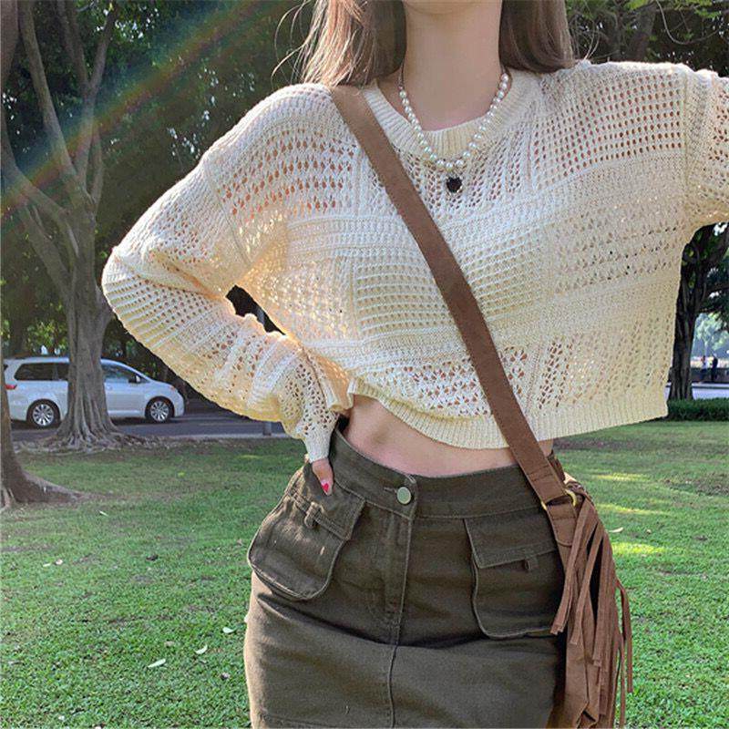 辣妹镂空设计感小众薄款防罩晒针织衫女夏季短款外搭网衫长袖上衣
