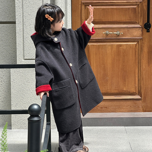 秋冬新款儿童正反两穿羊毛双面尼大衣女童连帽小个子中长款外套潮