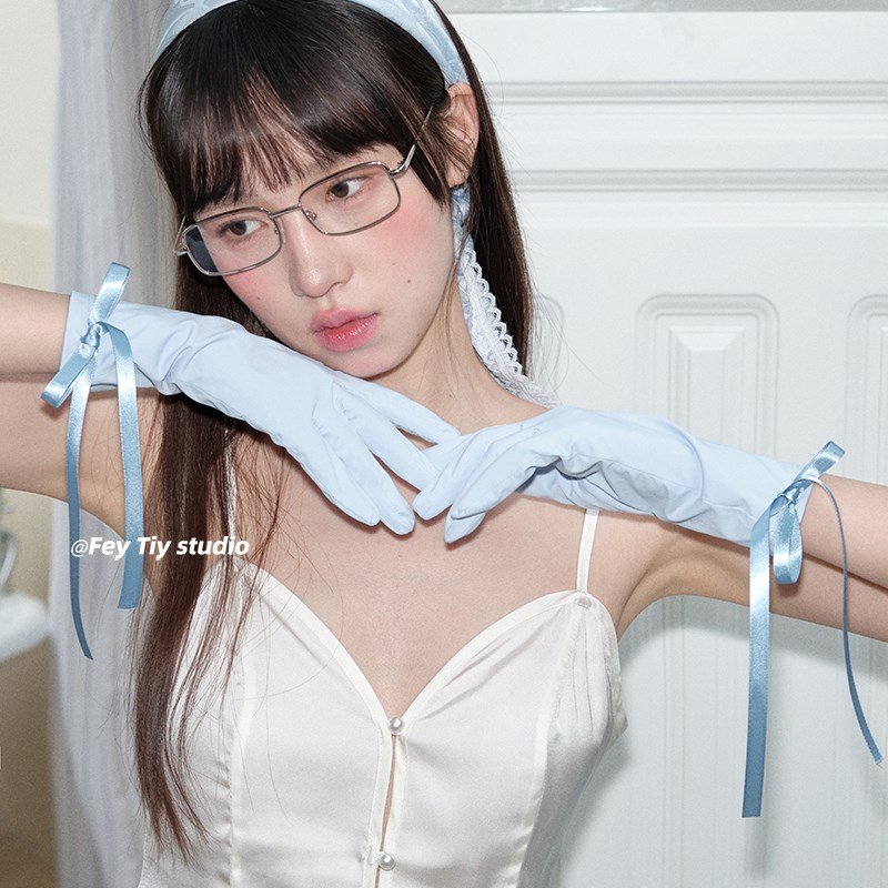 feytiy 冰糯!设计感防晒手B套蝴蝶结可触屏五指分指防紫外线手套