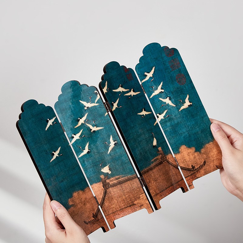 屏风桌面摆件瑞h鹤图创意漆器中式双面小屏风客厅书房装饰品礼盒