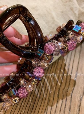 高端网红渐变紫色水晶后脑勺盘发抓夹女轻奢Q时尚鲨鱼夹新款头饰