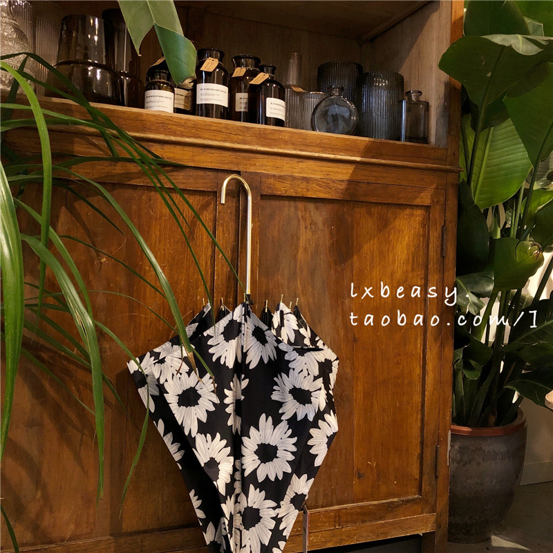 日系单樱桃花雏菊夏季黑胶防晒长柄A伞UPF50+防紫外线晴雨两用雨