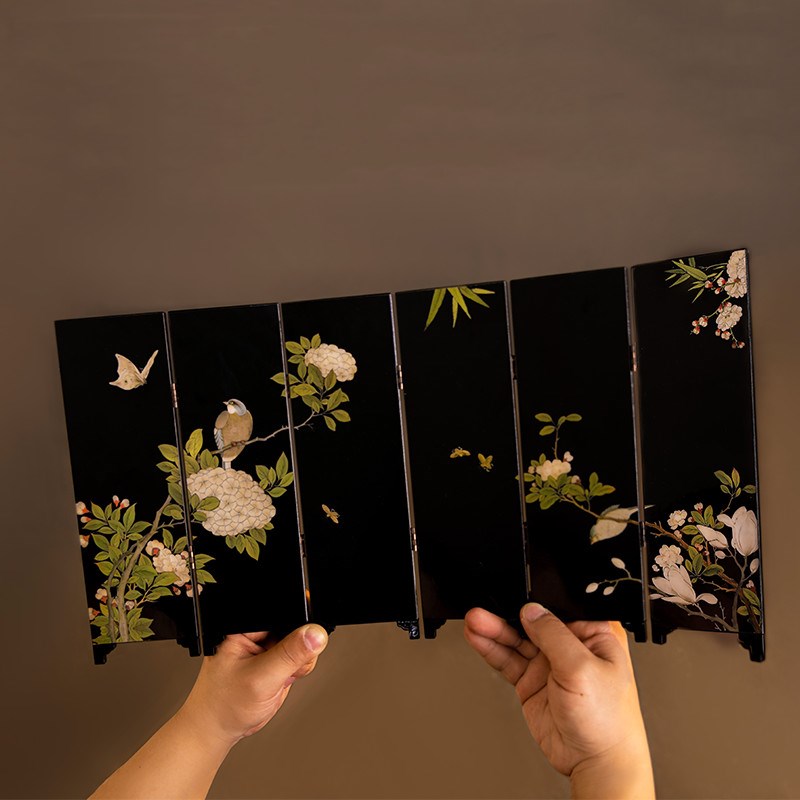 中式国潮茶空间茶k桌双面小屏风摆件复古茶台漆器茶道配件礼盒装