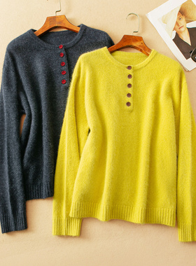 蛮文 优雅慵懒感 特种动物+山羊绒羊毛撞色丝绒扣半开襟毛衣59208