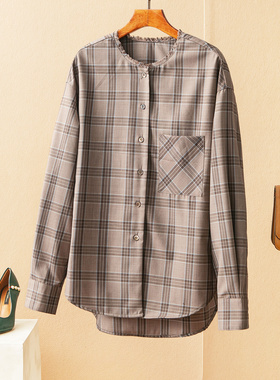 蛮文 高端轻奢大气 经典色织咖格纹流苏圆领边斜纹羊毛衬衫 68008