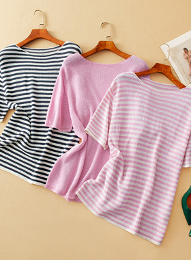 蛮文 日本进口和纸纱 松爽垂坠显瘦高级一字领针织短袖上衣59045