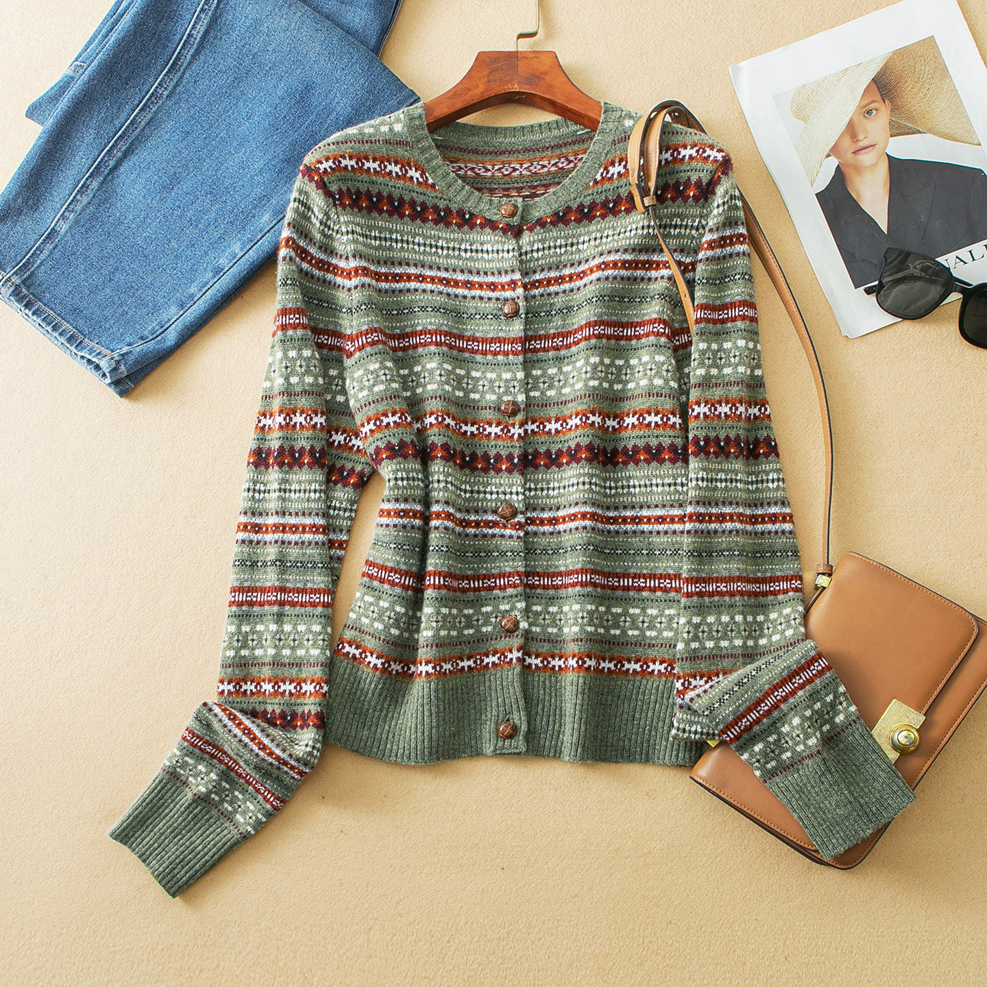 蛮文 英伦复古 气质混色提花羊毛混纺短款加厚开衫毛衣外套 59200