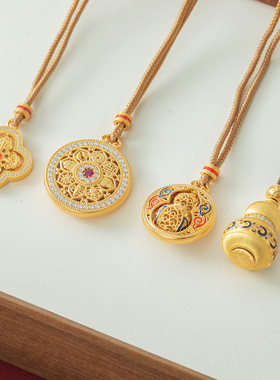 蛮文 重工精致古法工艺珐琅绘福禄八宝罗盘幸运草足银项链大吊坠