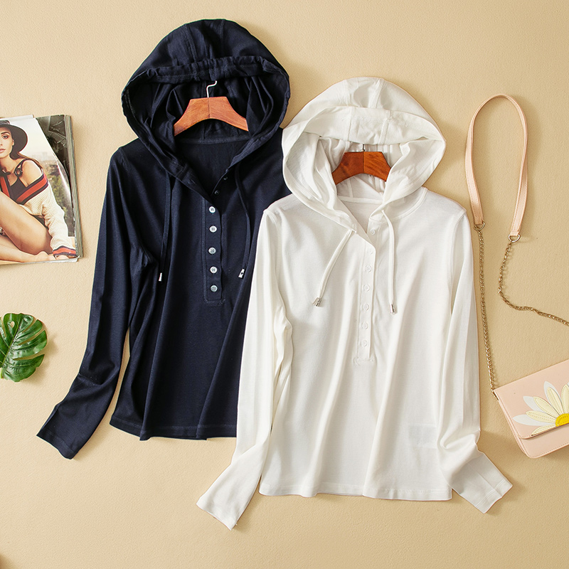 真丝+天丝混纺连帽半开襟长袖T恤