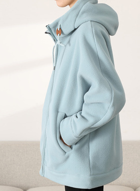 法国单 加厚密实保暖摇粒绒宽松落肩袖中长款连帽女抓绒外套16407