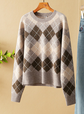 蛮文 复古老钱风 康赛妮品牌纱羊毛特种纱 英伦格纹圆领毛衣49211