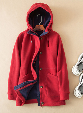 保暖度抵过件羽绒！双层撞色丰厚密实摇粒绒连帽中长款外套女6353