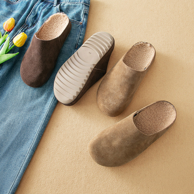 蛮文 冬日加绒版来了 日系简约舒适保暖真皮勃肯鞋懒人半拖 4E072