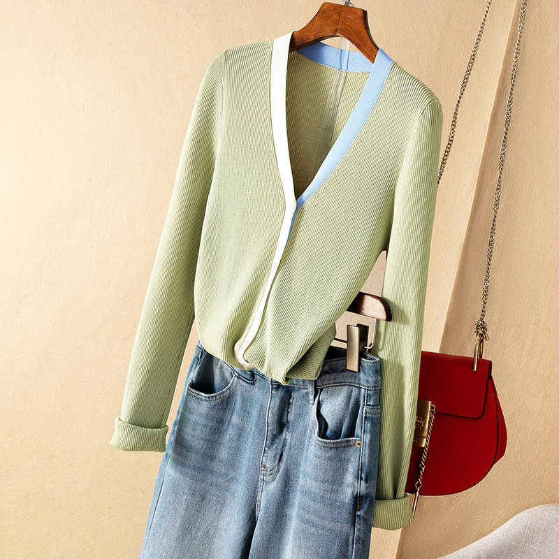 蛮文 春天的配色 气质显瘦款 门襟撞色设计 v领修身针织开衫39019