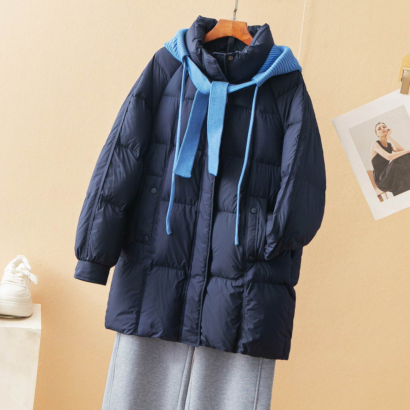 蛮文 韩国单 俏皮小众设计感 针织毛线帽中长款鹅绒服外套女56331