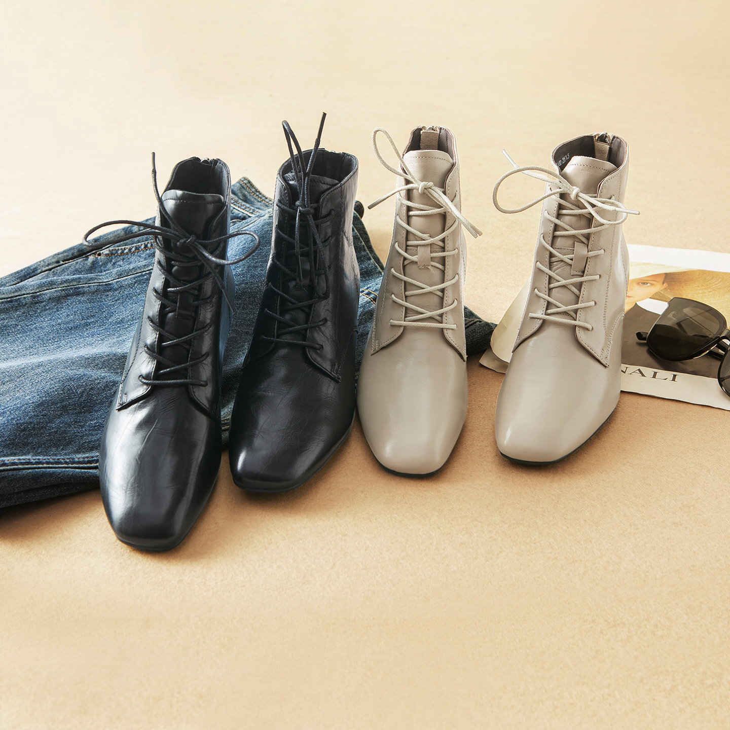 蛮文 优雅秀气 细腻柔软胎牛皮 显脚小小方头内加绒女靴秋冬5E087