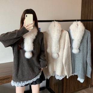 毛领长袖 实拍 圆领拼接蕾丝下摆法式 胖MM秋冬新款 套头毛衣 大码
