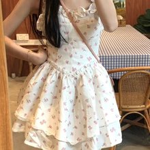 SISI酱夏季新款甜欲风ins超仙女碎花吊带连衣裙公主裙学生短裙子