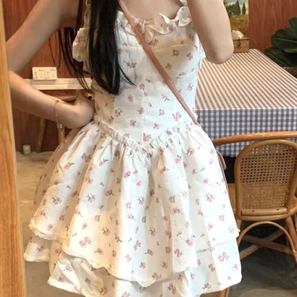 SISI酱夏季新款甜欲风ins超仙女碎花吊带连衣裙公主裙学生短裙子