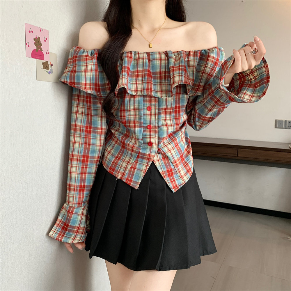 实拍大码女装秋季一字肩荷叶边格纹长袖衬衫女显瘦露肩喇叭袖衣