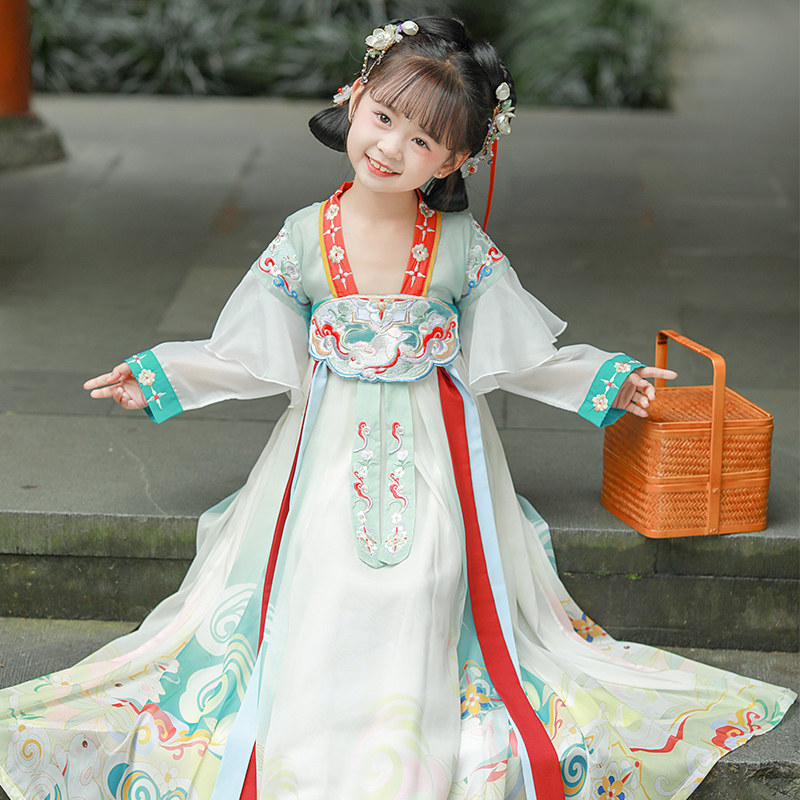 2025新款女童汉服长袖薄款襦裙玉兔仙影小女孩裙子中国风唐装连衣