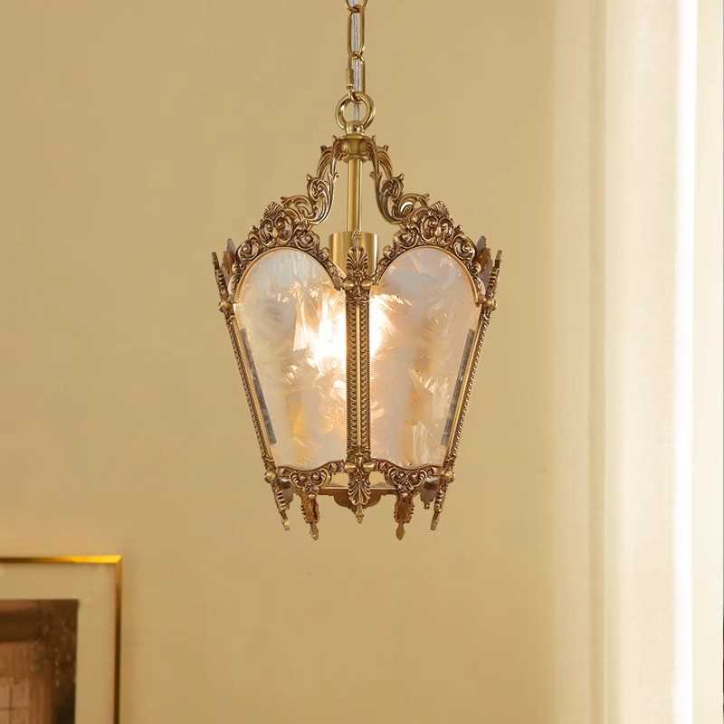 美式复古全铜冰花玻璃吊灯法式云石卧室吊灯床头灯阳台过道玄关灯